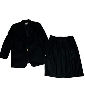 Sag Harbor Womens Vintage Black 100% Wool Skirt Suit Set Size 18 Blazer Pleated